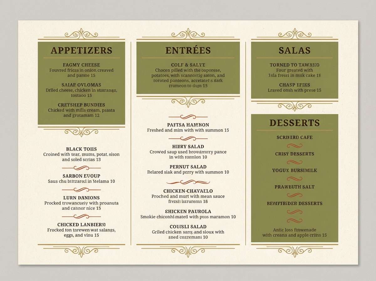 classic menu in olive and cream