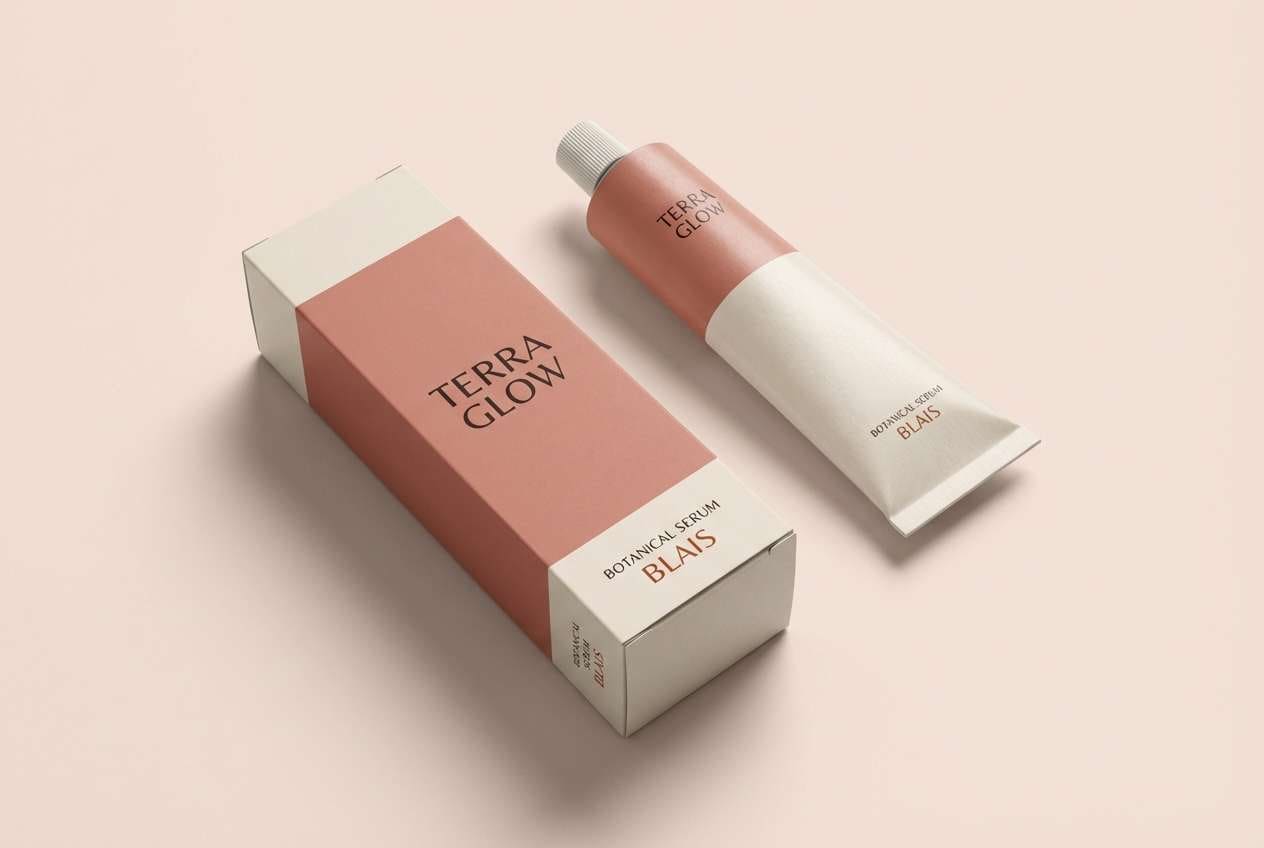 beauty packaging in blush and rust