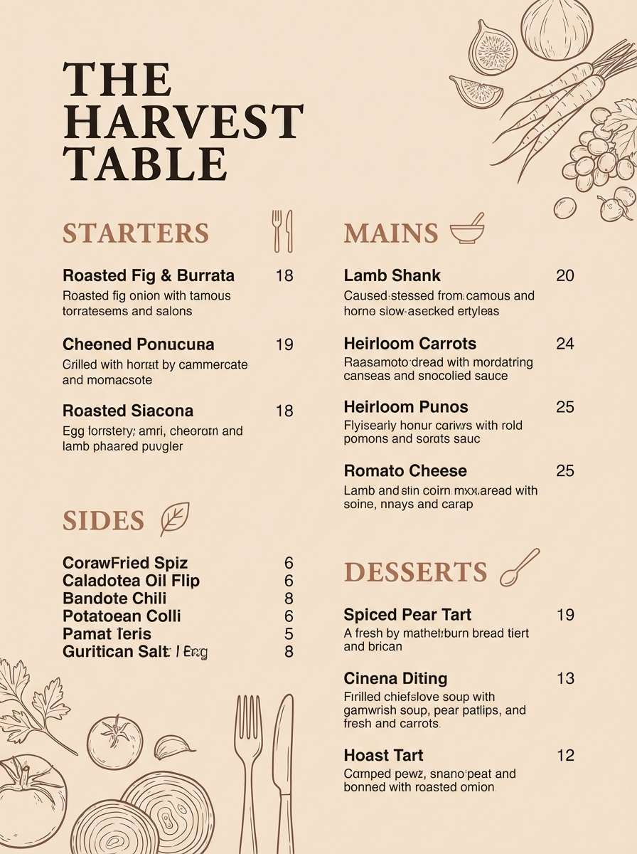 restaurant menu in warm browns