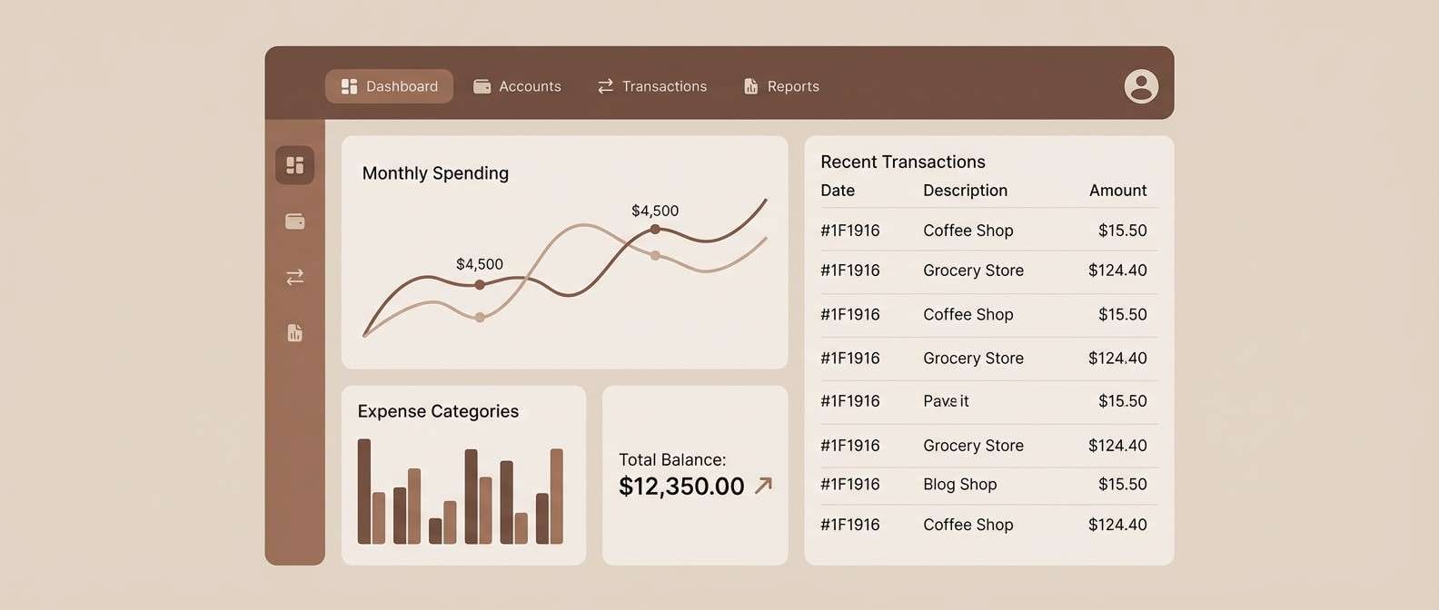 finance dashboard in warm neutrals