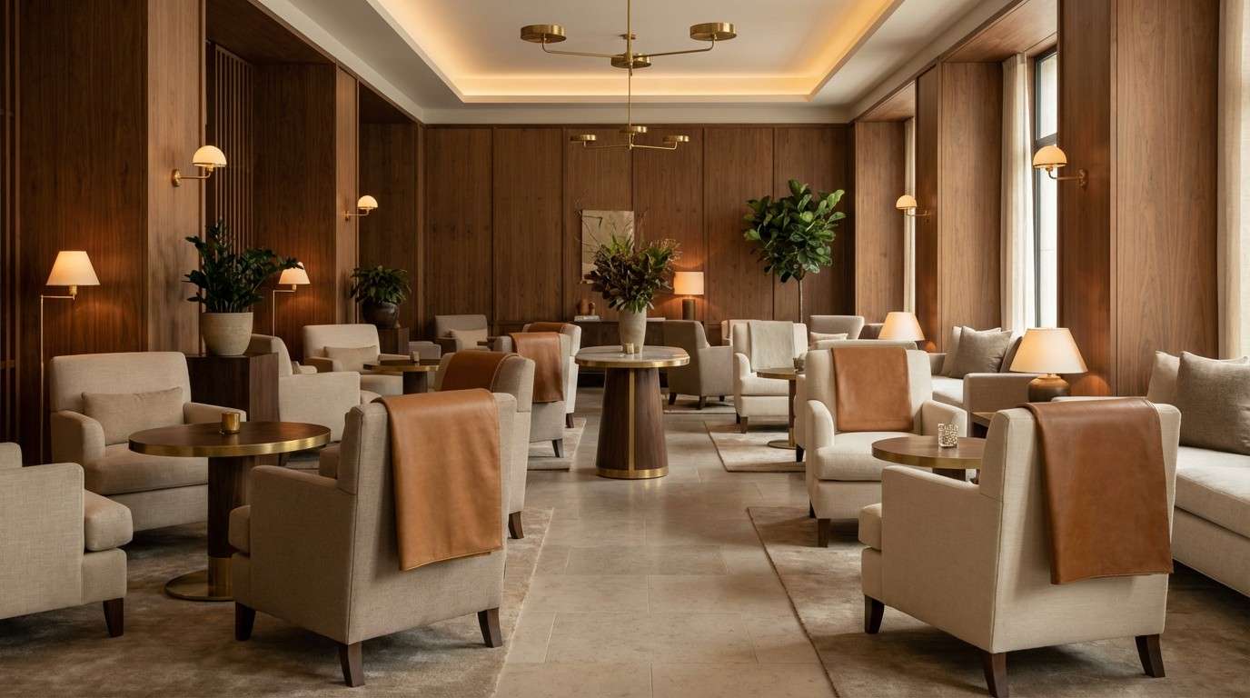 hotel lobby in warm beige tones
