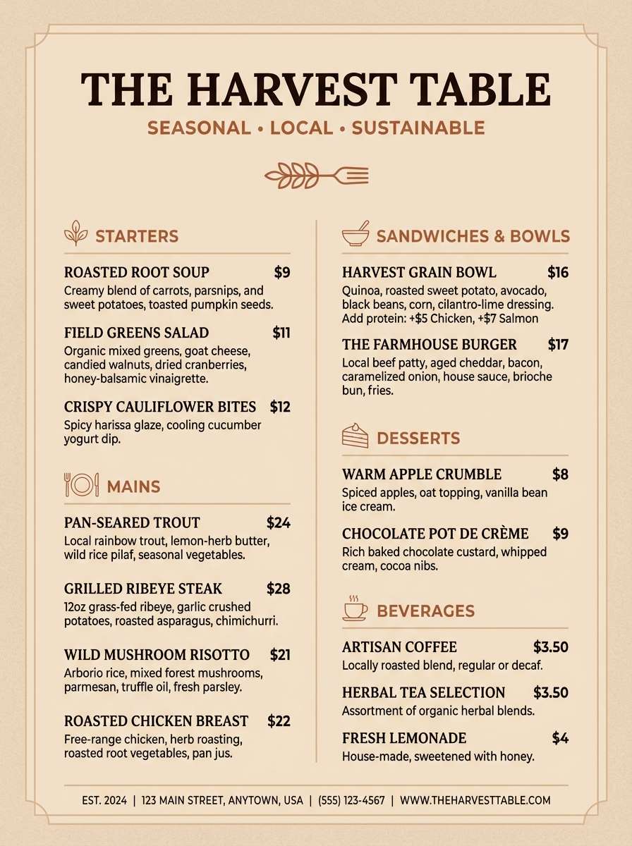 warm neutral restaurant menu