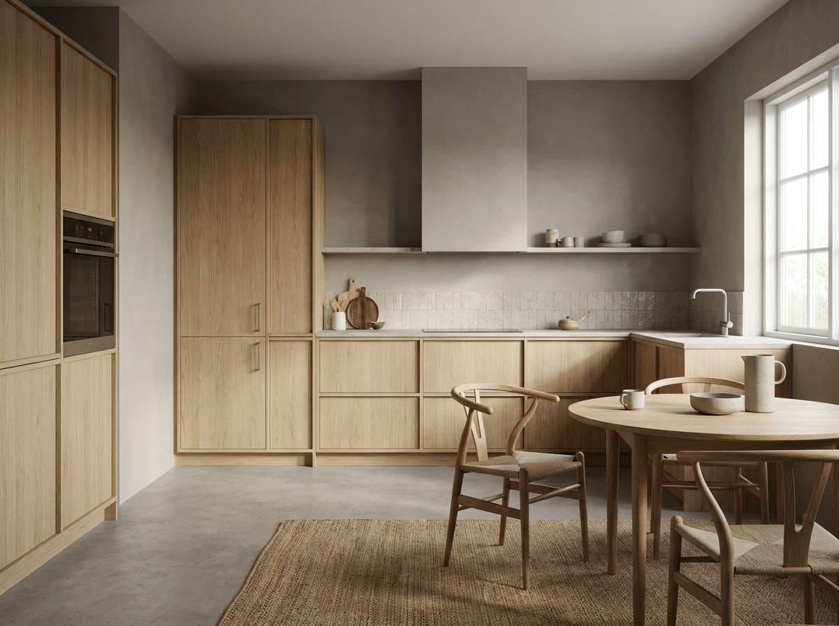 scandi kitchen in warm grays
