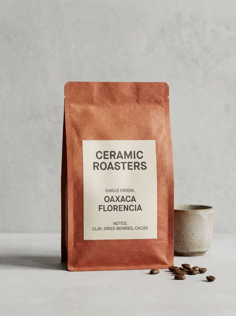 coffee label in clay reds