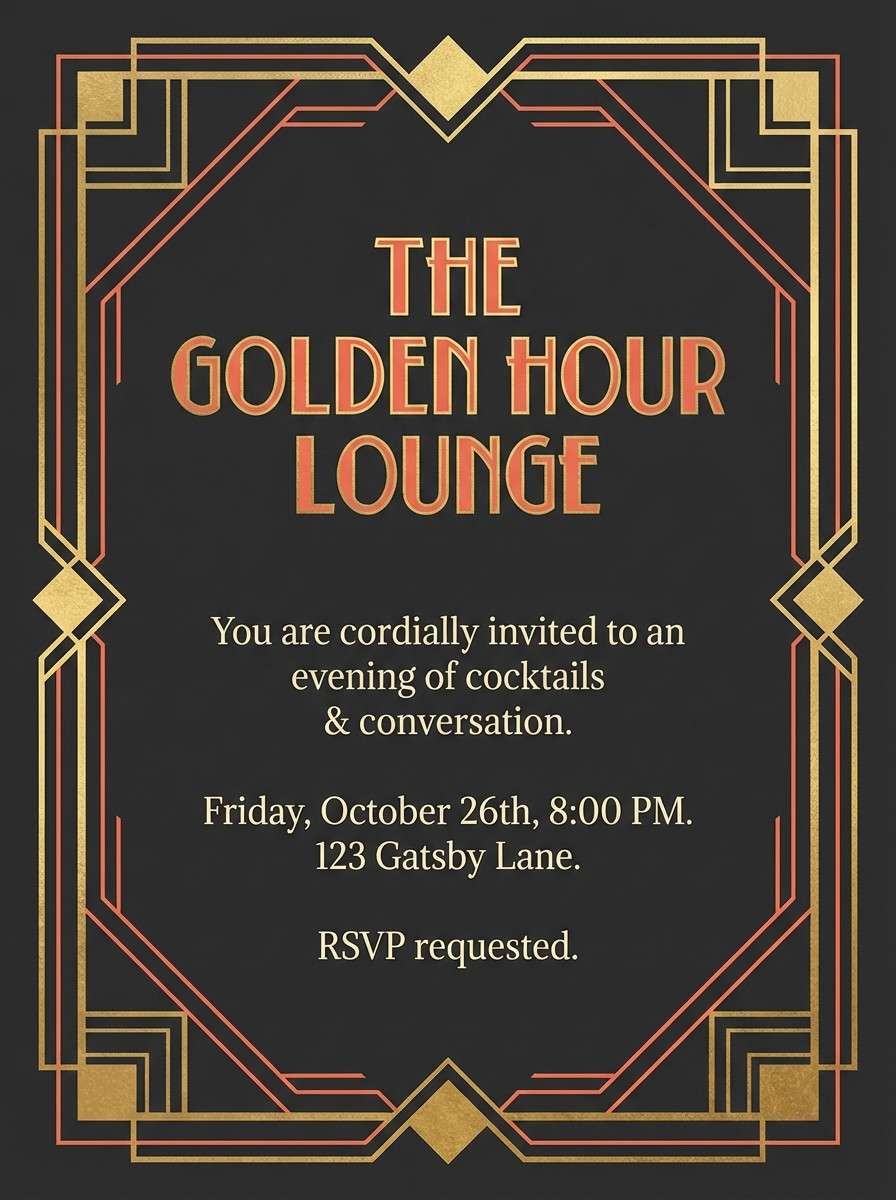 art deco invitation in coral and gold