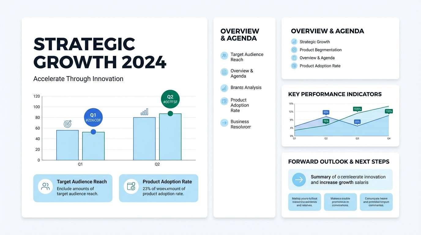 presentation slides with blue green charts
