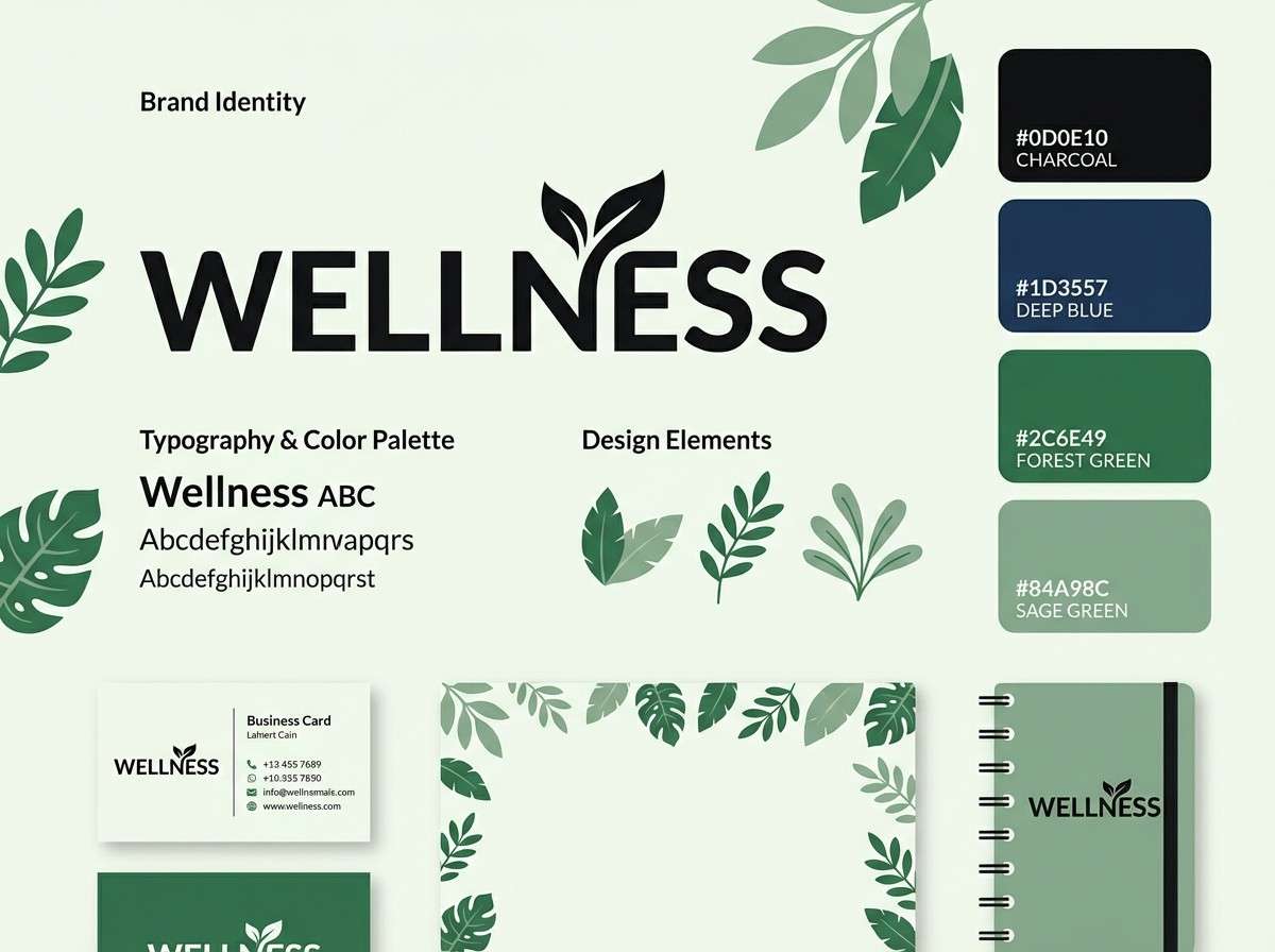 wellness branding in greens and navy