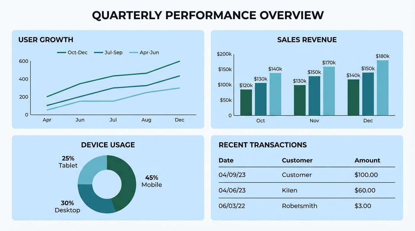teal blue dashboard charts