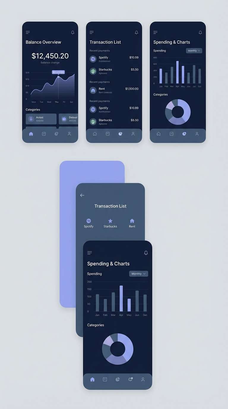 navy fintech ui screens