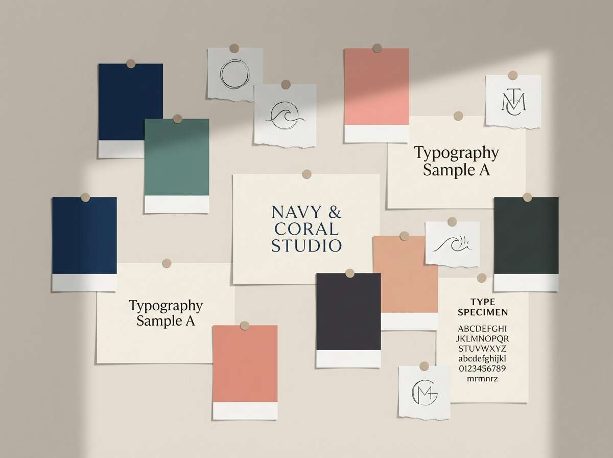 brand moodboard in navy and coral