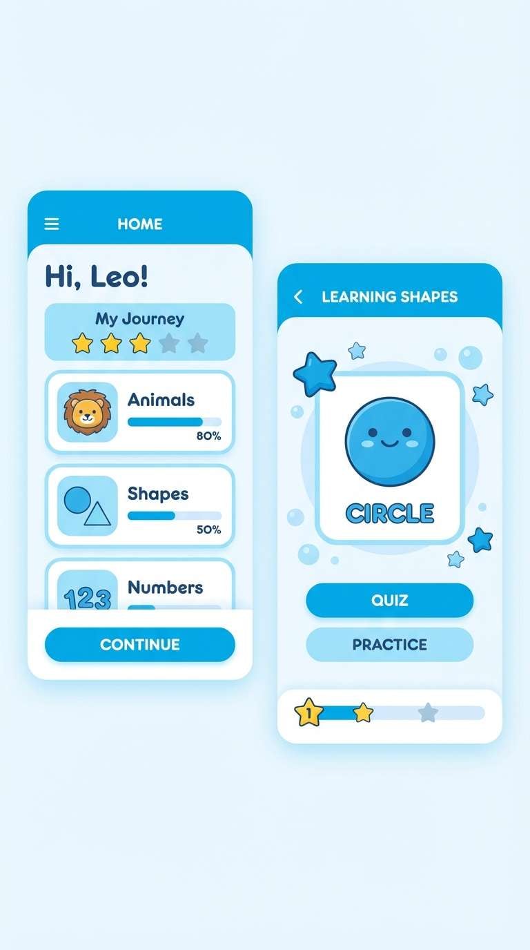 kids app ui in soft blues
