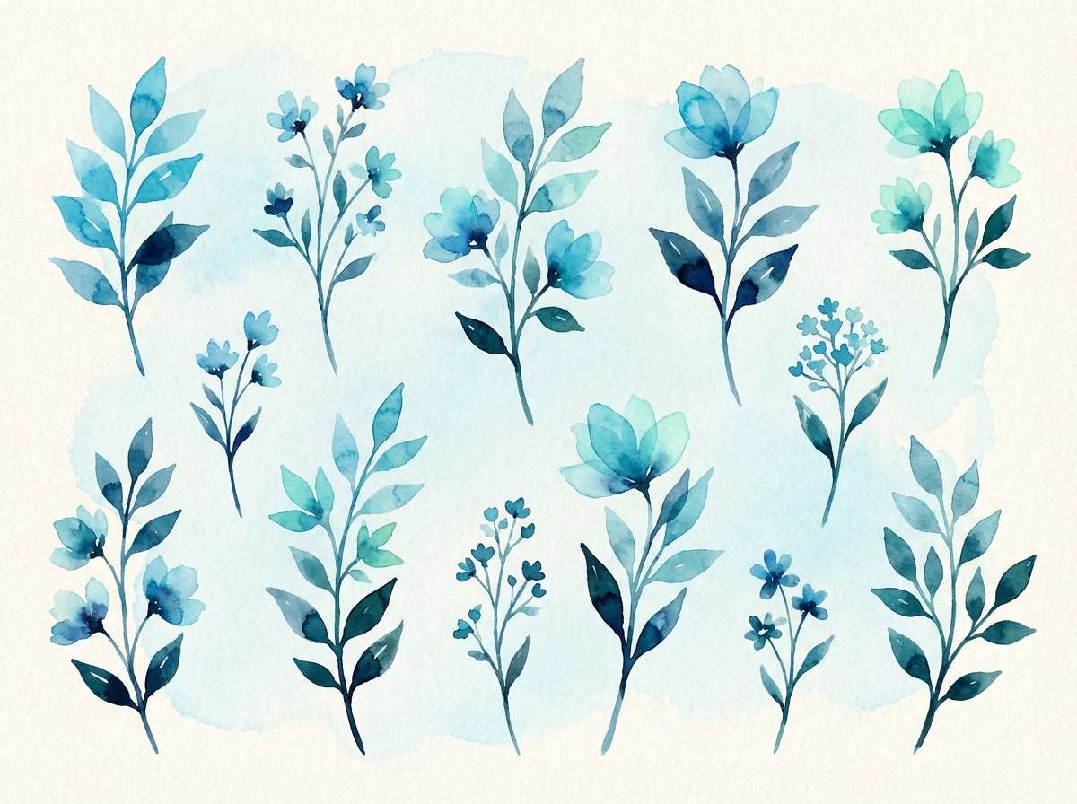 watercolor botanicals in cyan