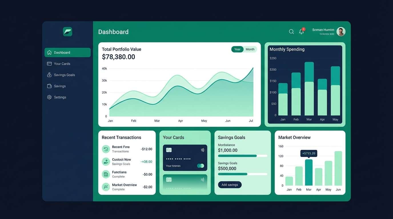 fintech dashboard in teal navy