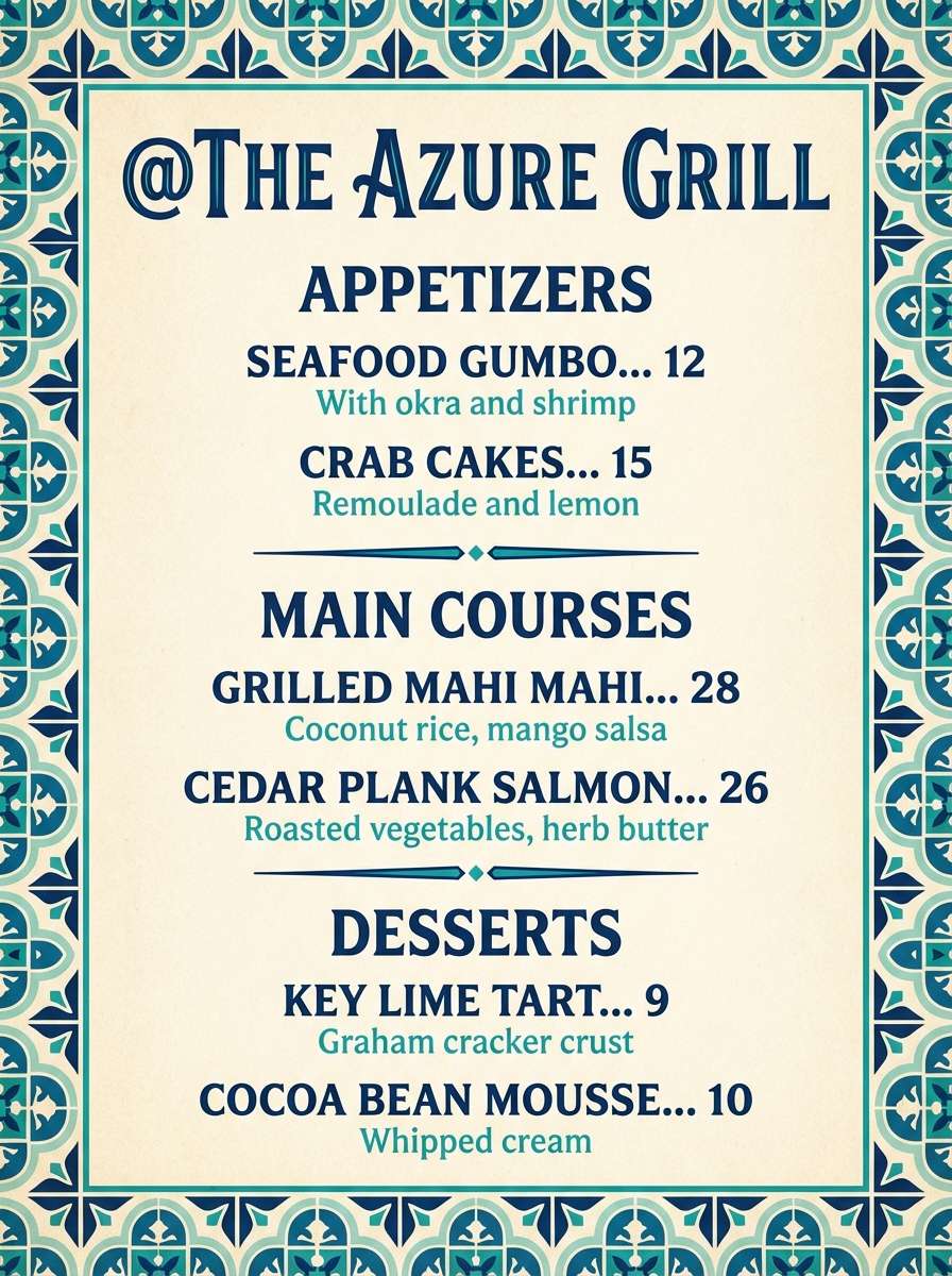 restaurant menu in teal blue