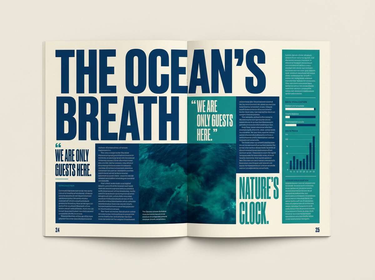 editorial layout in teal navy