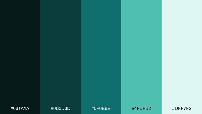 blue forest night teal blue green color palette with hex codes