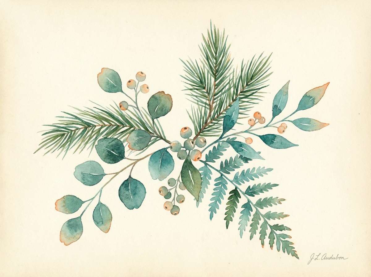 watercolor botanical illustration in blue green orange color scheme