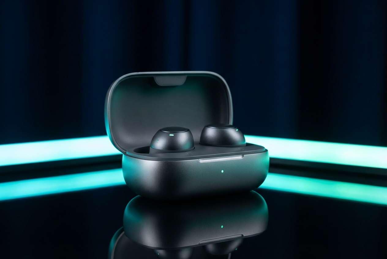 teal earbuds product ad