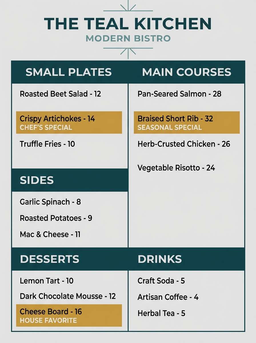 urban teal restaurant menu