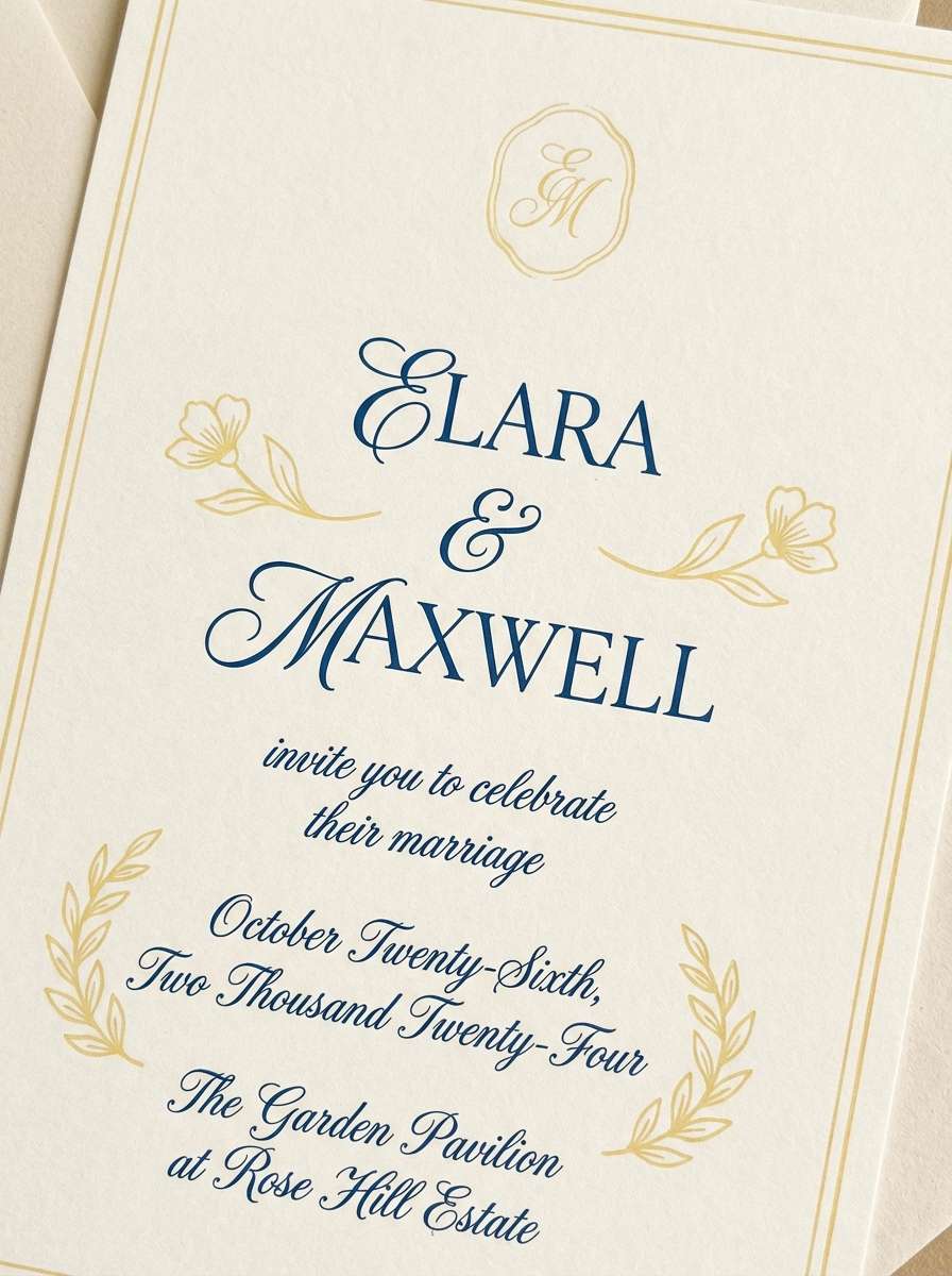 wedding invite in navy and butter
