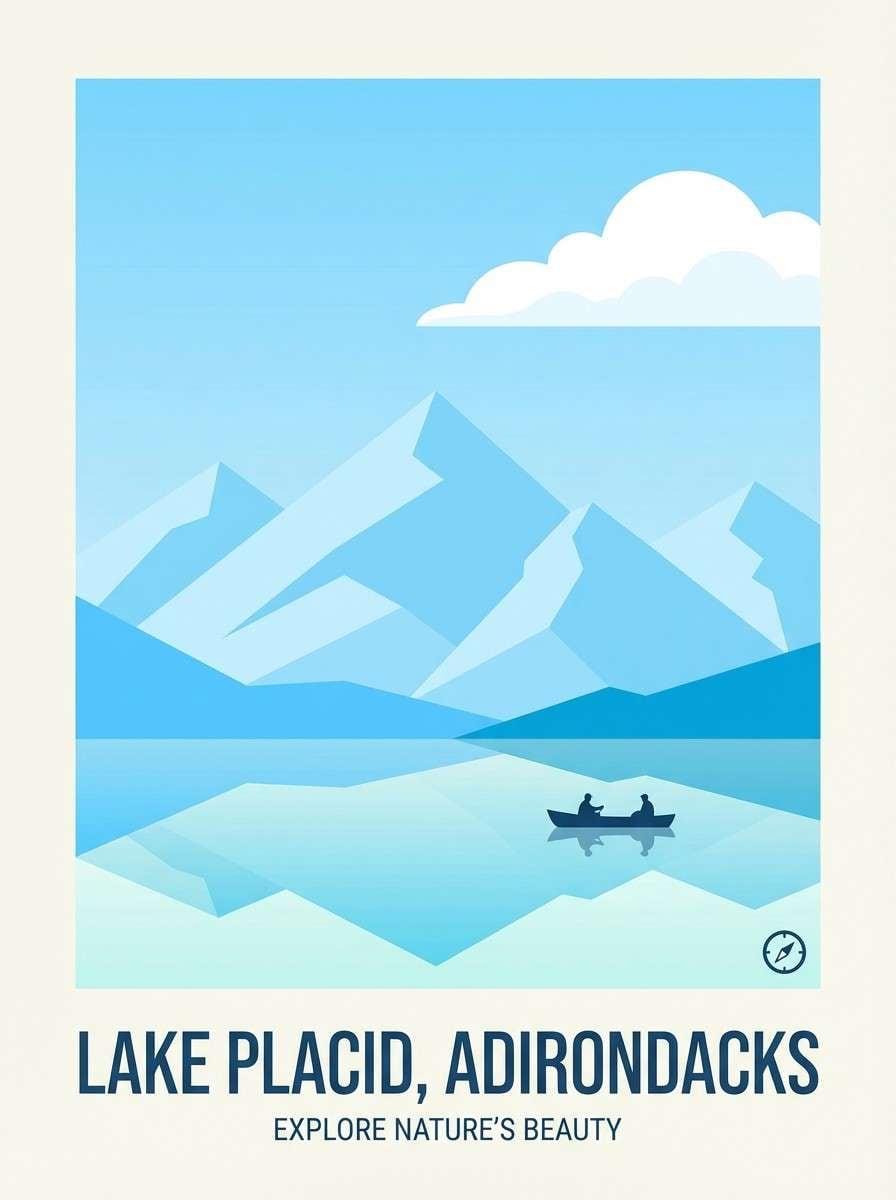 mountain travel poster in blues