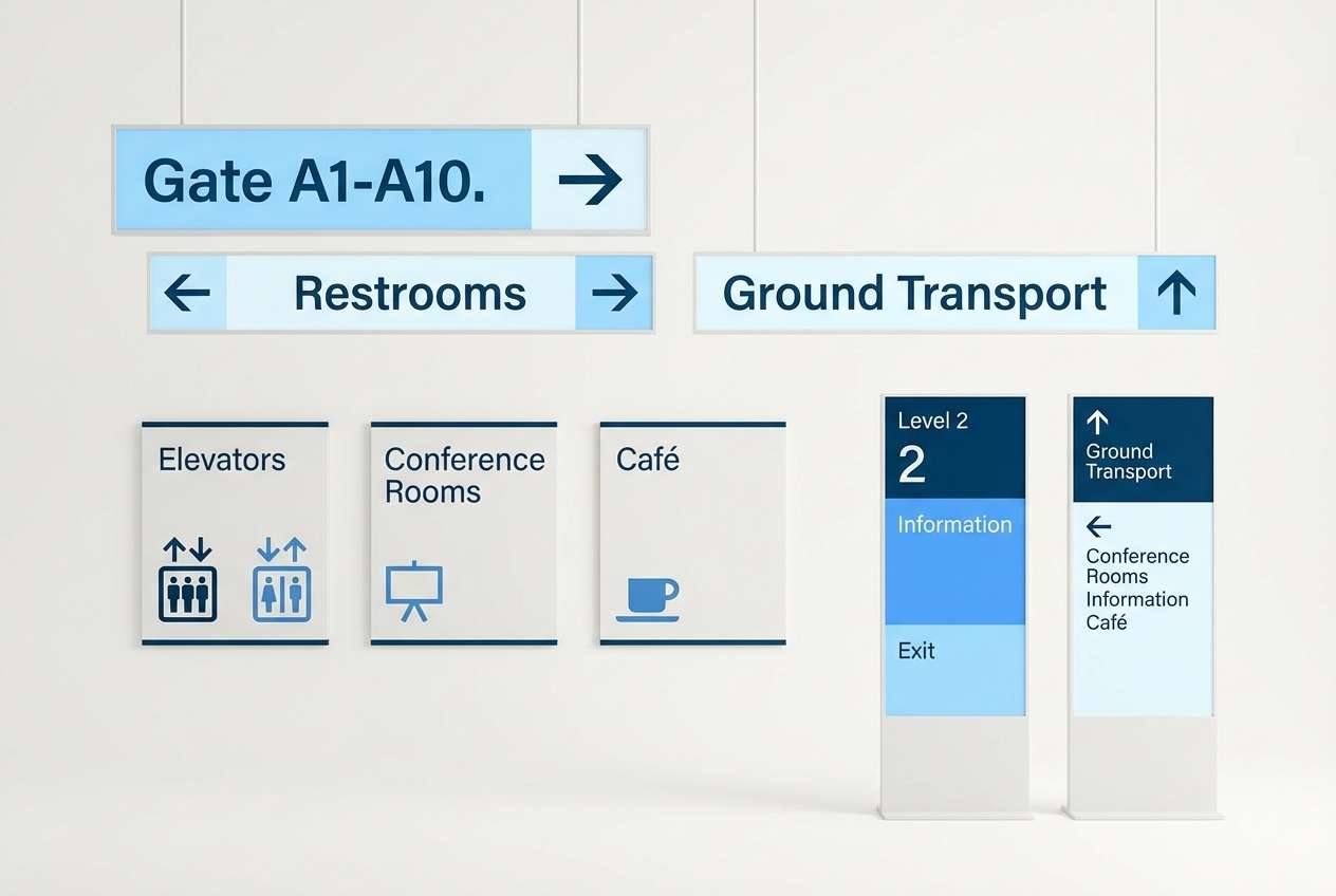 wayfinding signs in coastal blues