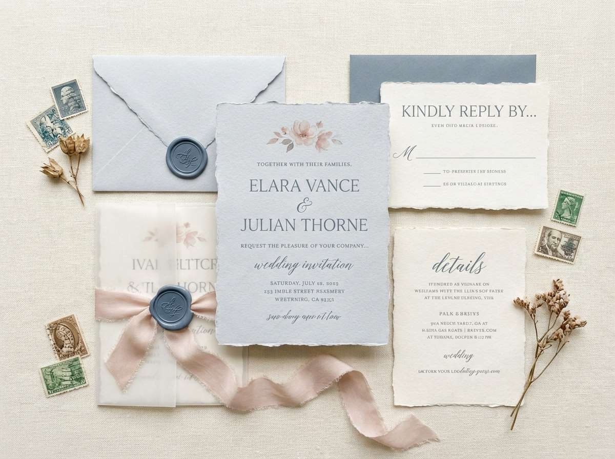 wedding invites in blue gray