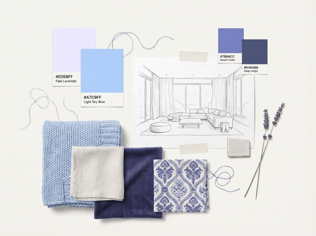 interior moodboard in lilac tones