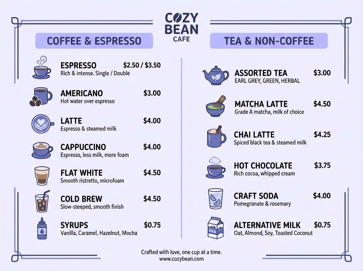 cafe menu in lilac blues