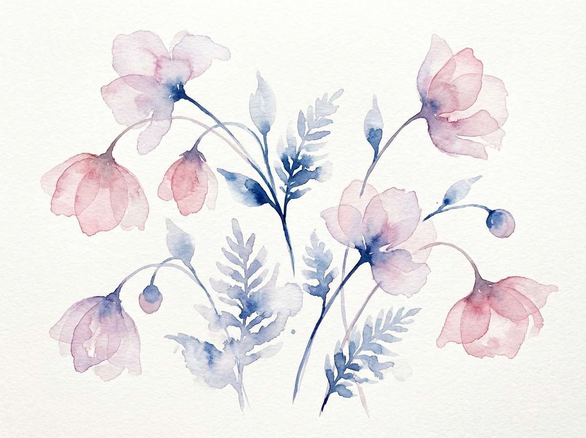 watercolor florals in mauve blue