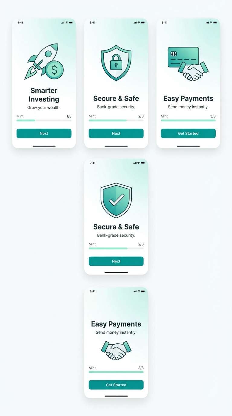 onboarding screens in teal mint