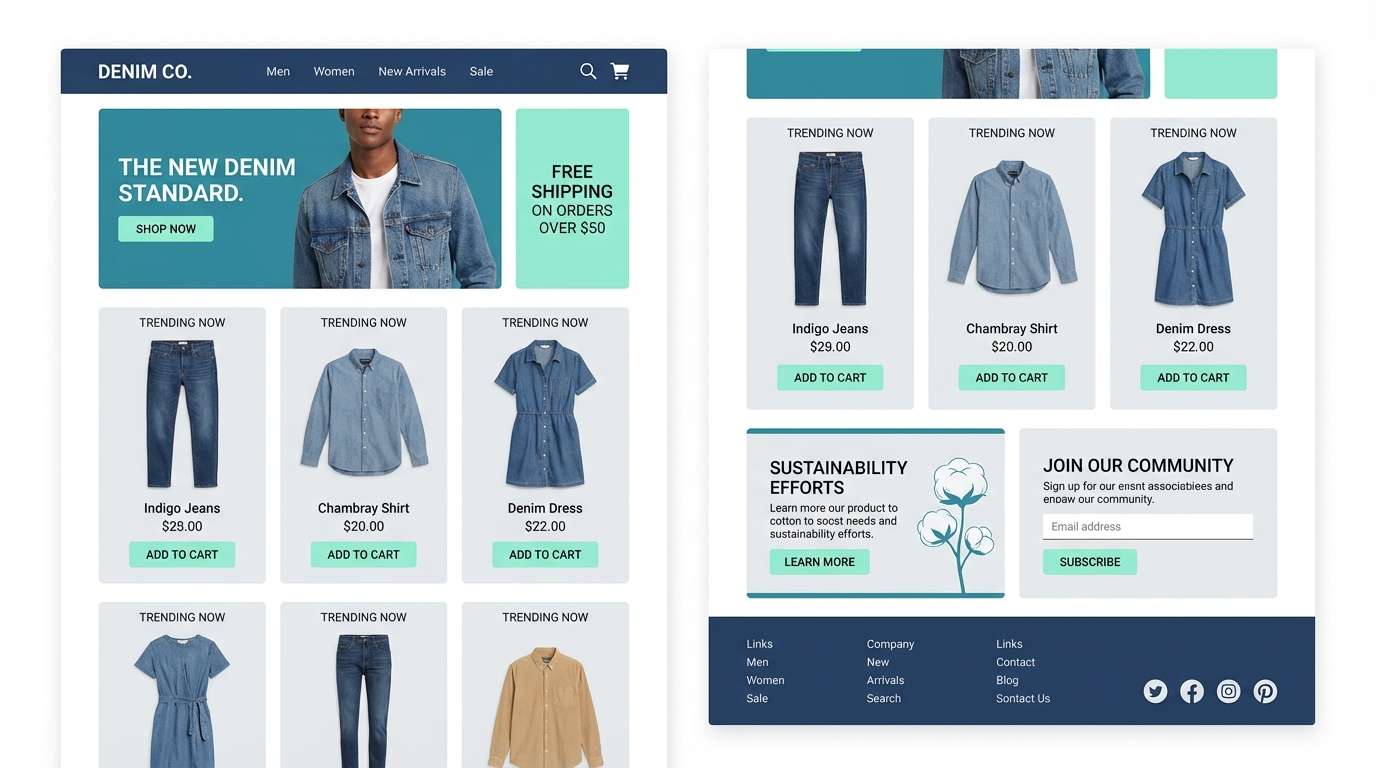 apparel landing ui in teal