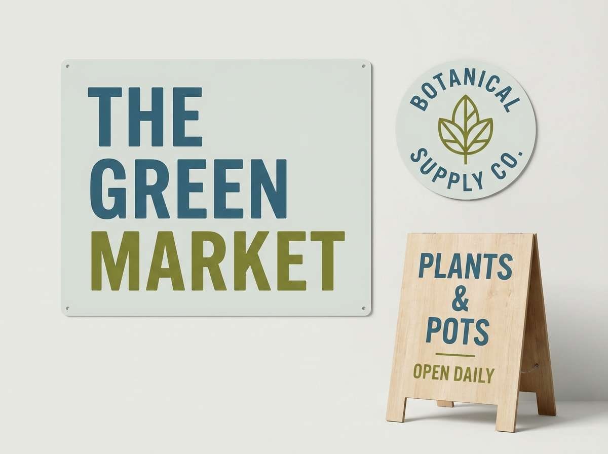 plant signage in blue and olive
