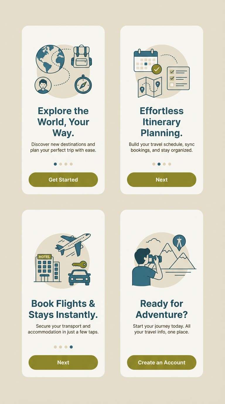 travel onboarding in blue and olive