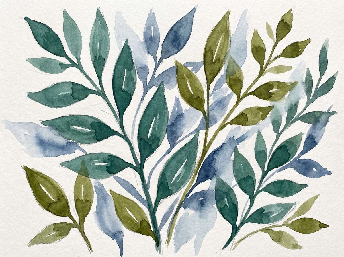 watercolor leaves in teal olive