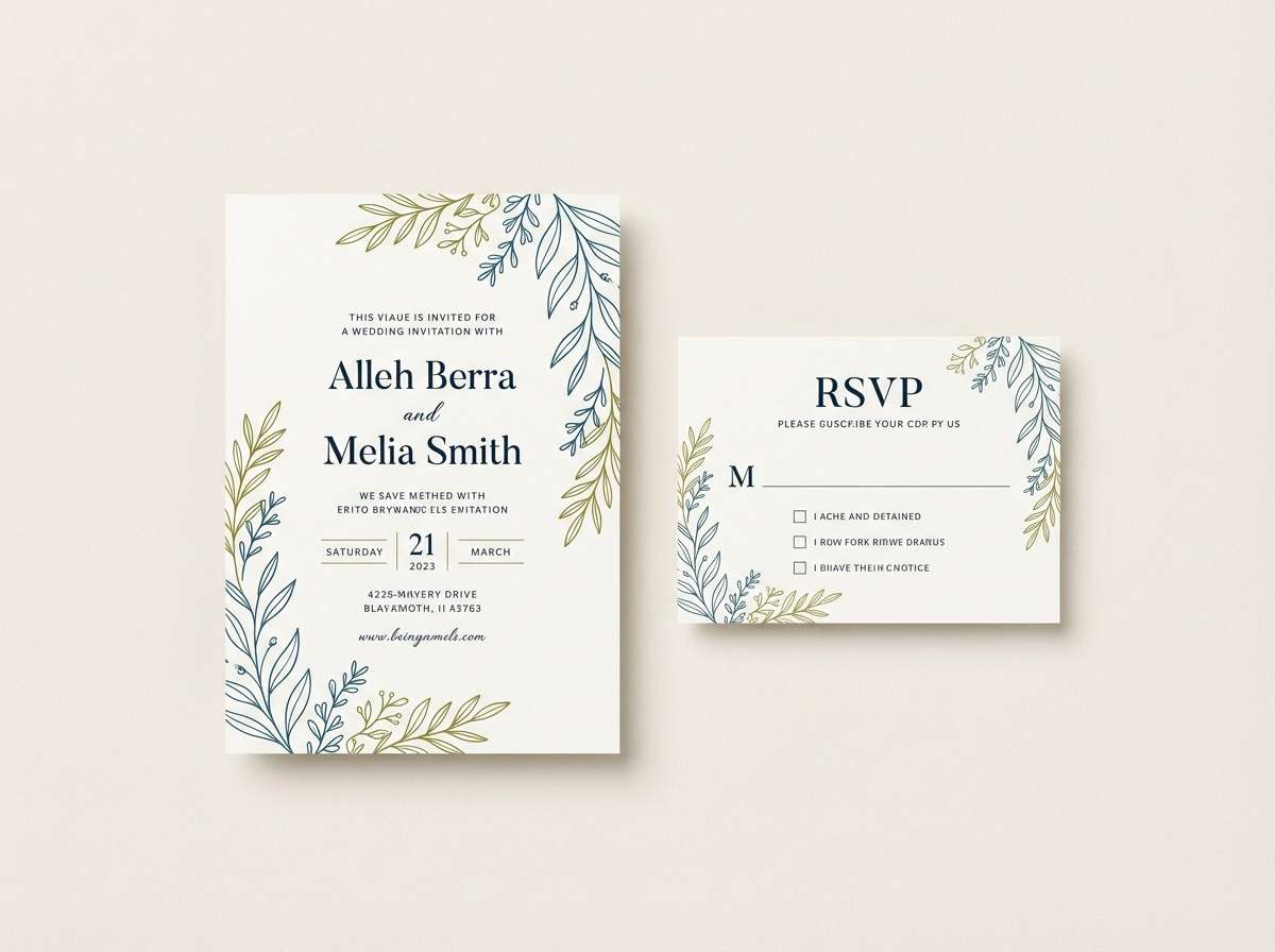 wedding invite in blue and olive
