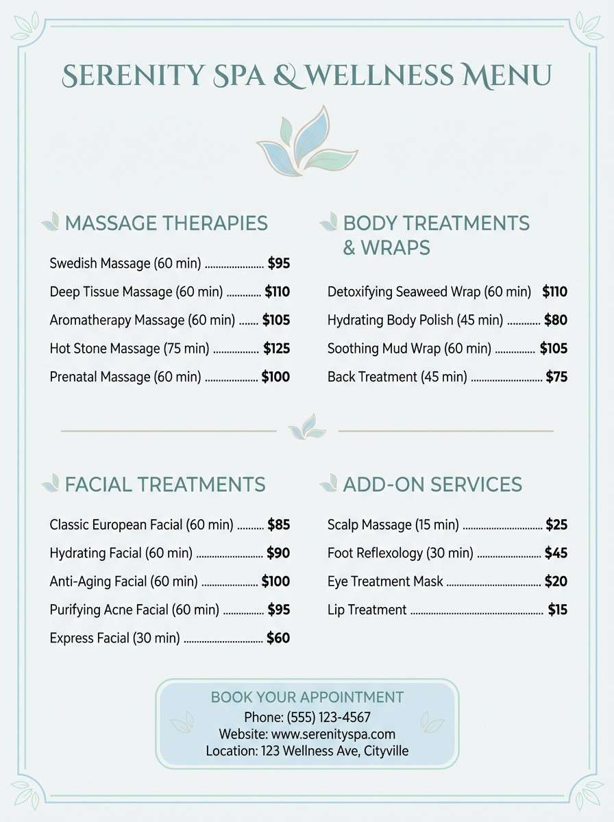 spa menu flyer