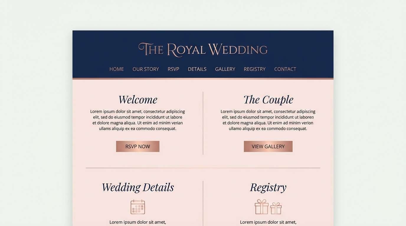 wedding website in navy blush