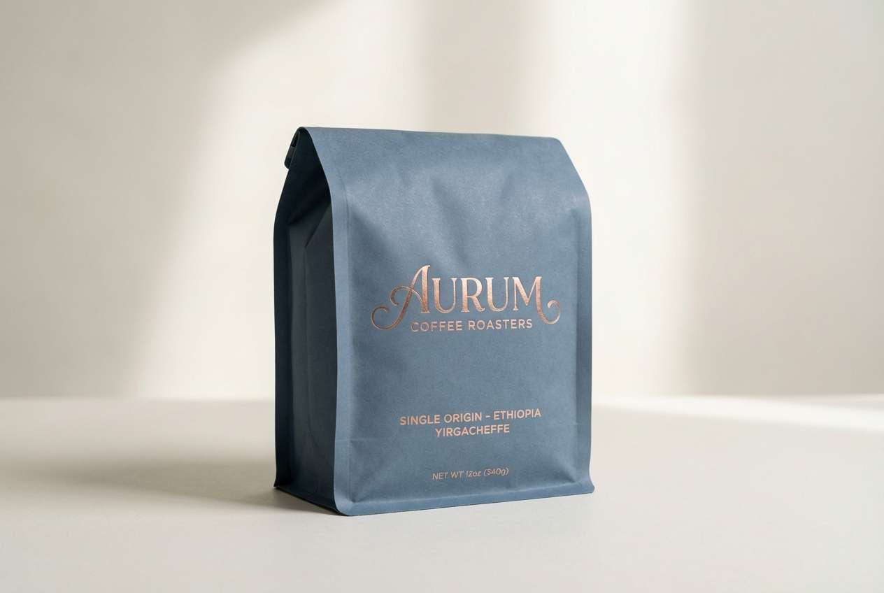 coffee bag with rose gold logo