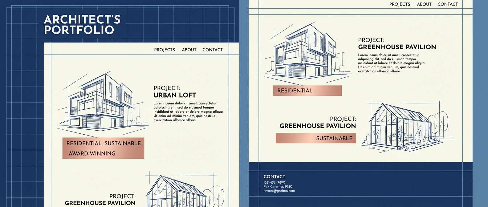 architect portfolio in navy and rose