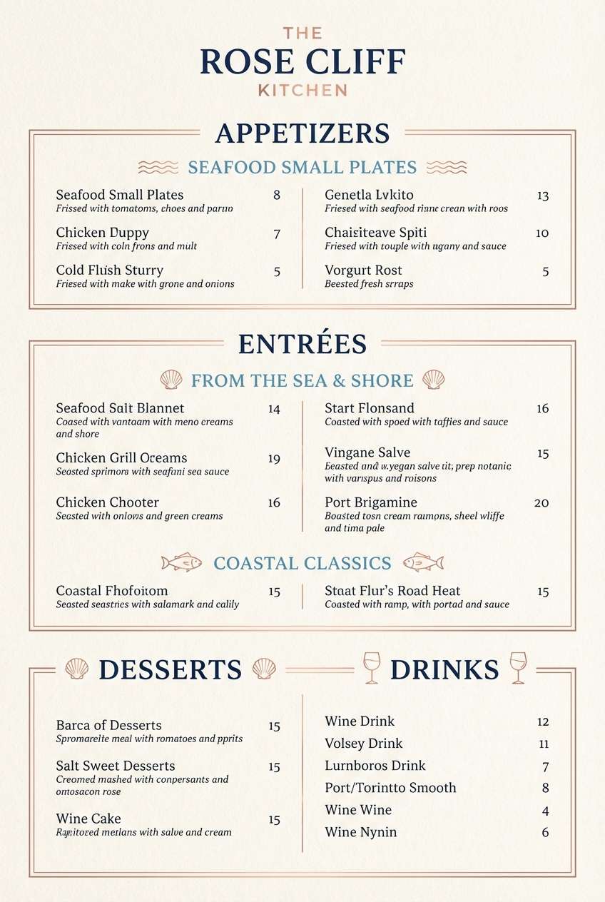 seafood menu in navy and rose