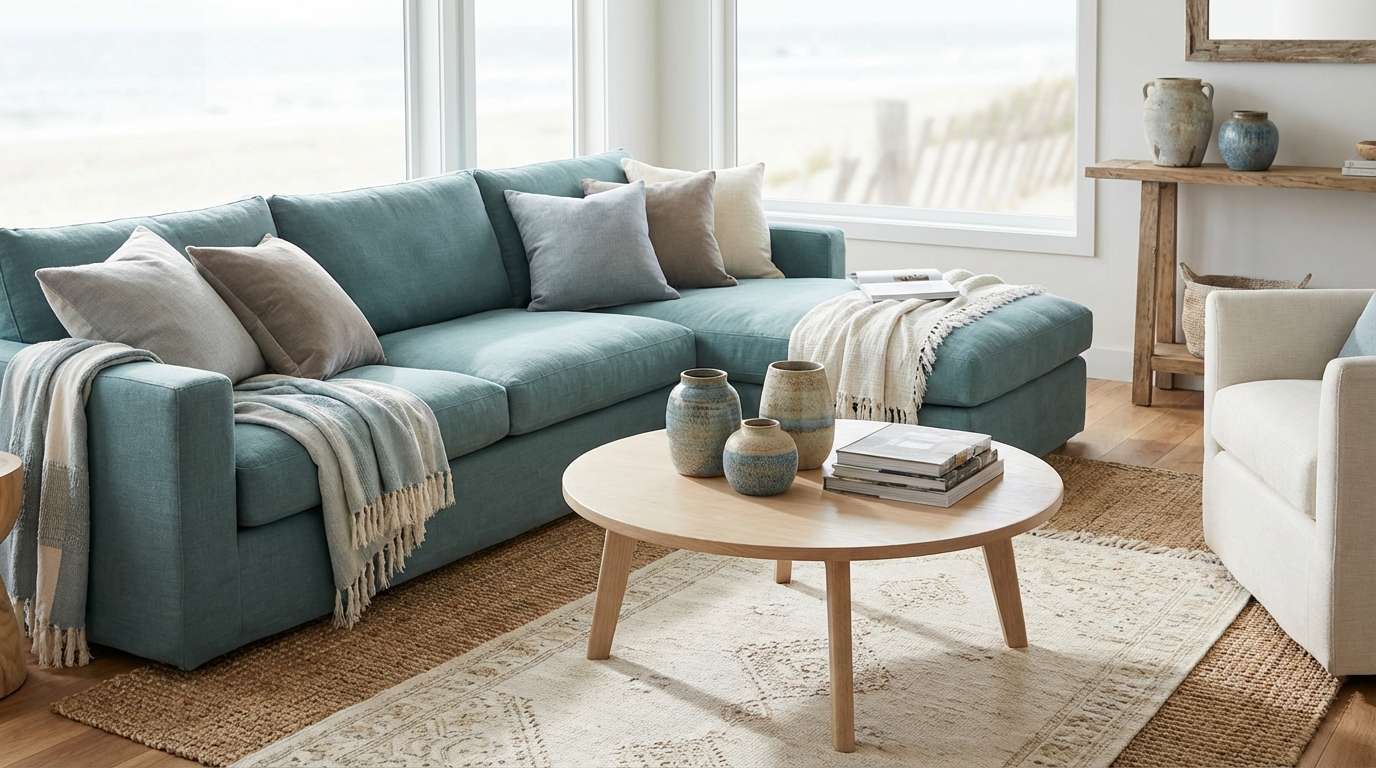 coastal living room in muted blues