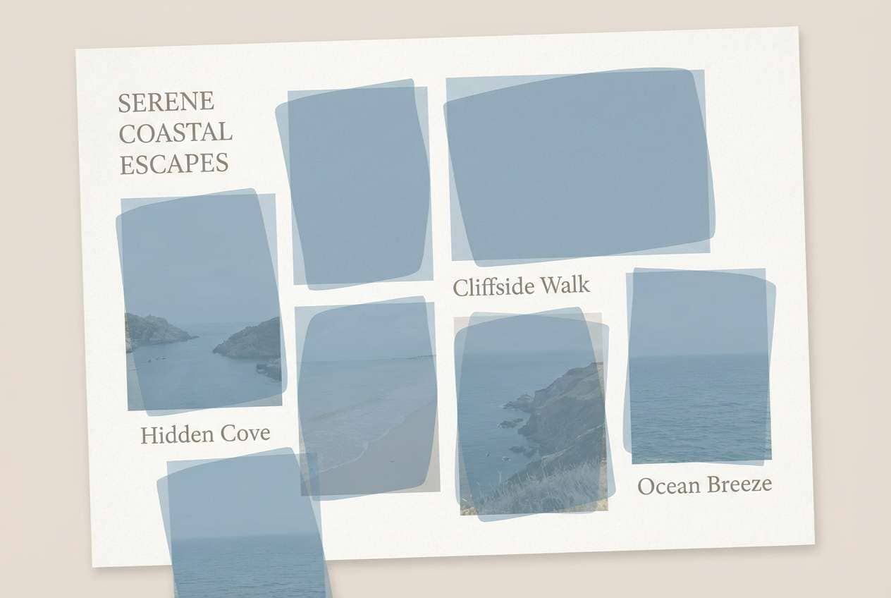 travel collage in foggy blues