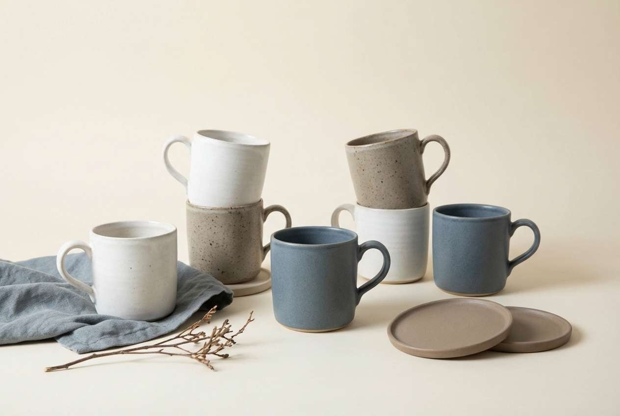 ceramic mugs in winter neutrals