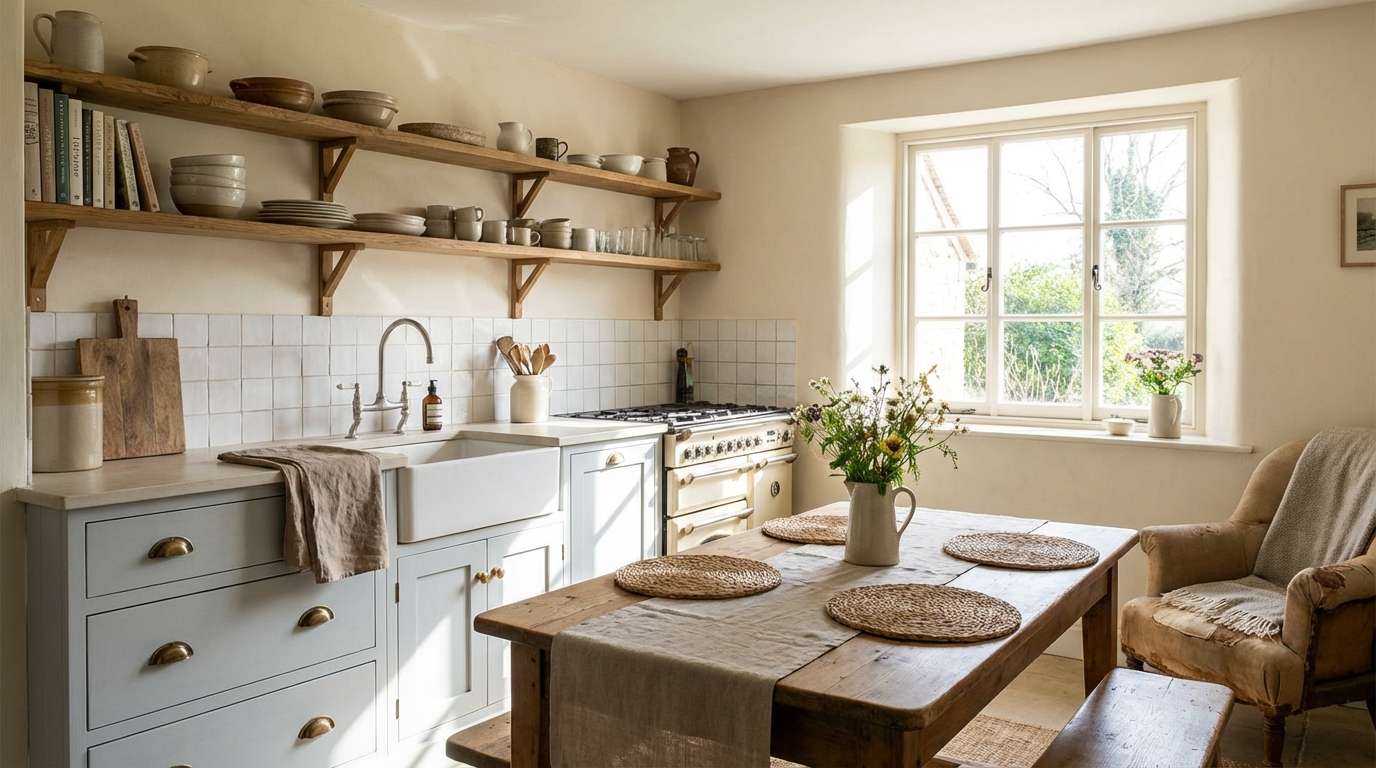 cottage kitchen in soft blue taupe