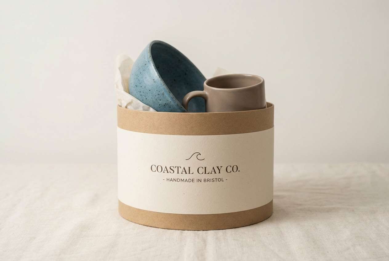 pottery packaging in muted blues