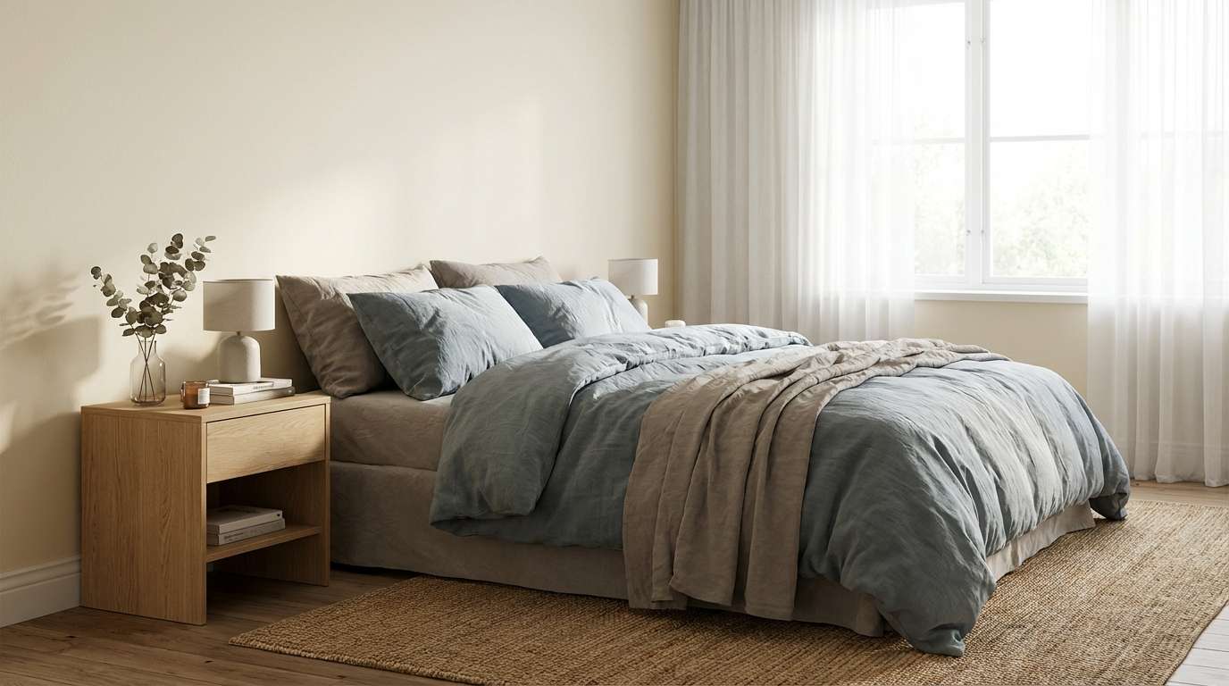 scandinavian bedroom in muted blues