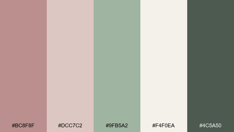 blush and sage rosy brown color palette with hex codes