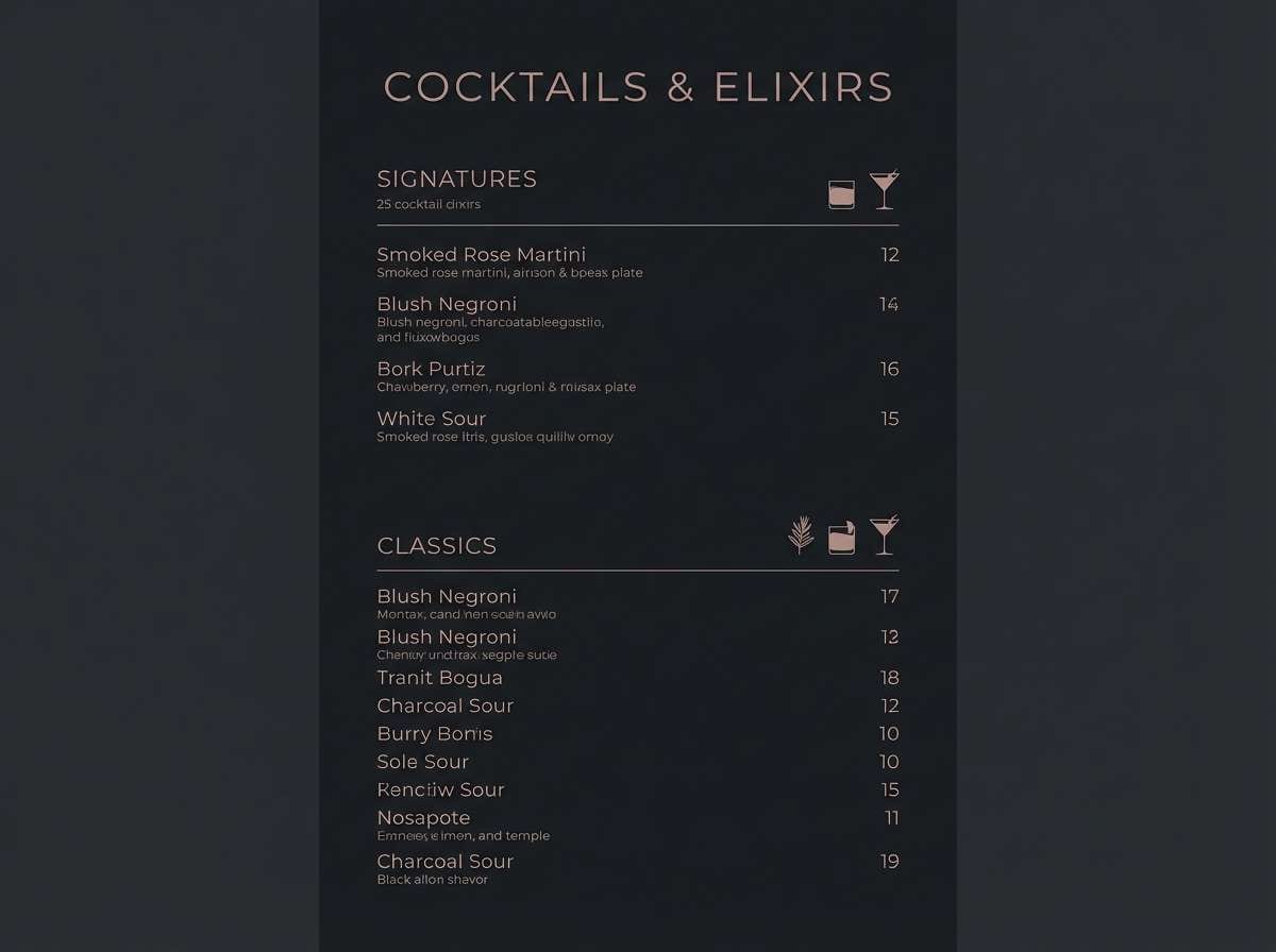 moody cocktail menu layout