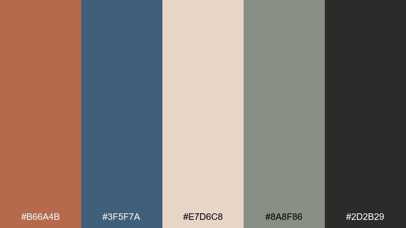 boho clay denim wedding color palette with hex codes